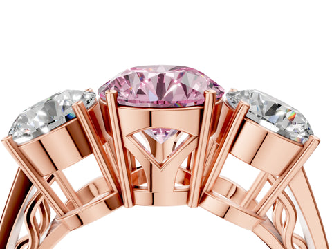 Rose gold Fancy Pink Round Cut Diamond Three-Stone Ring with Prong Setting and Textured Band_4