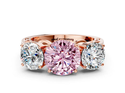 Rose gold Fancy Pink Round Cut Diamond Three-Stone Ring with Prong Setting and Textured Band