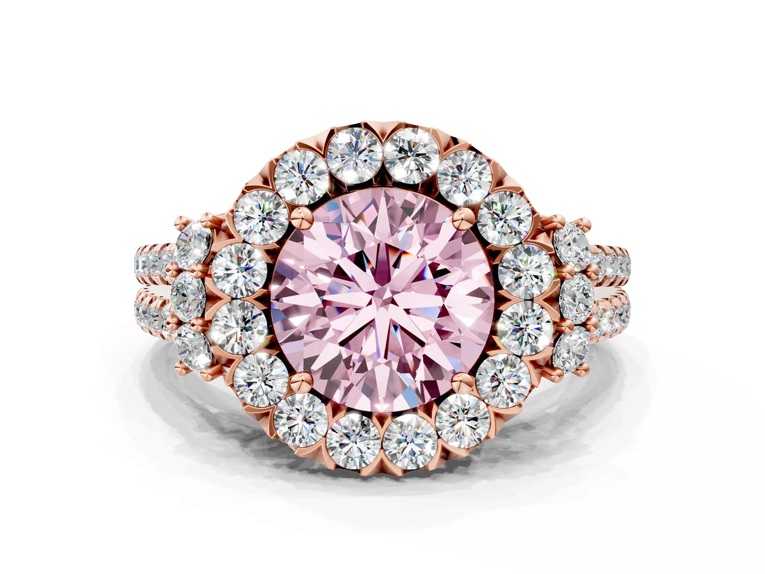 Rose gold Fancy Pink Round  Cut Double Halo Diamond Engagement Ring with Pave Band and Four-Prong Setting_25