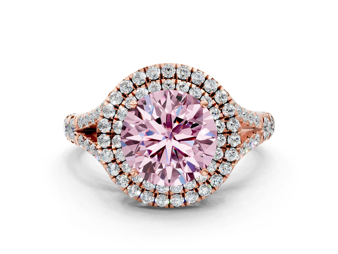 Rose gold Fancy Pink Round  Cut Double Halo Split Shank Diamond Ring with Prong Setting_29