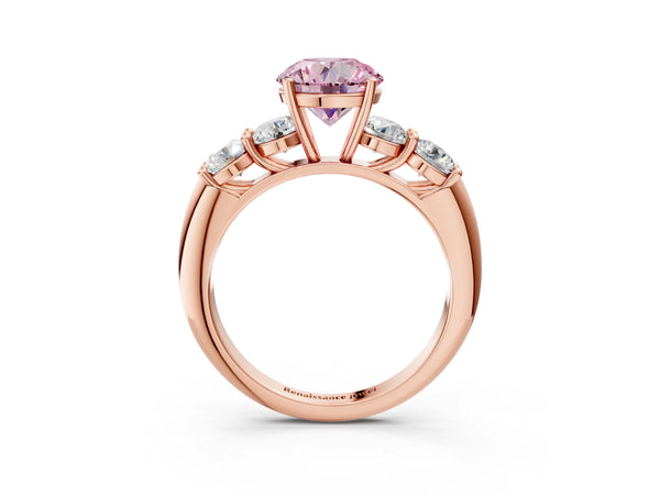 Rose gold Fancy Pink Round  Cut Five-Stone Prong Set Diamond Ring with Classic Band