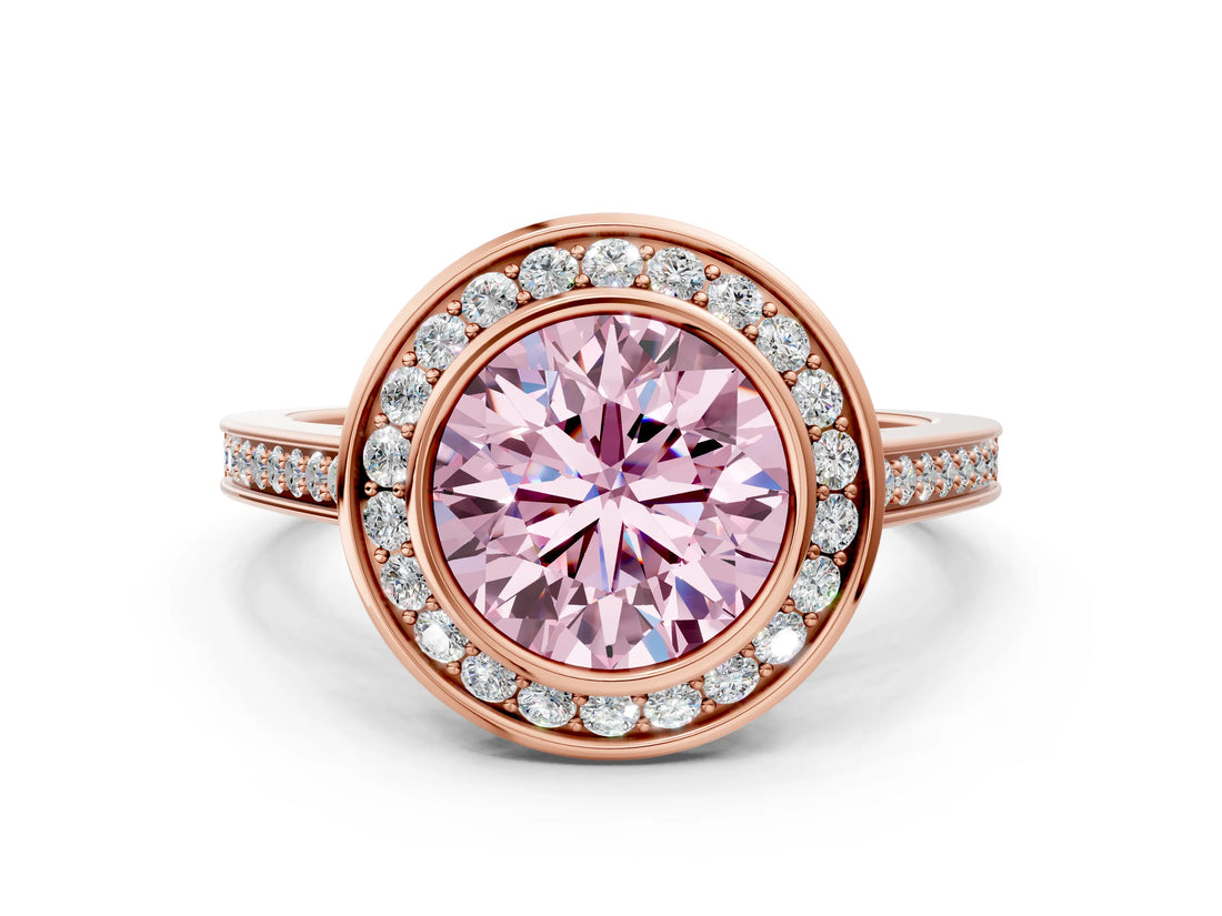Rose gold Fancy Pink Round Cut Halo Bezel Diamond Pave Band Ring