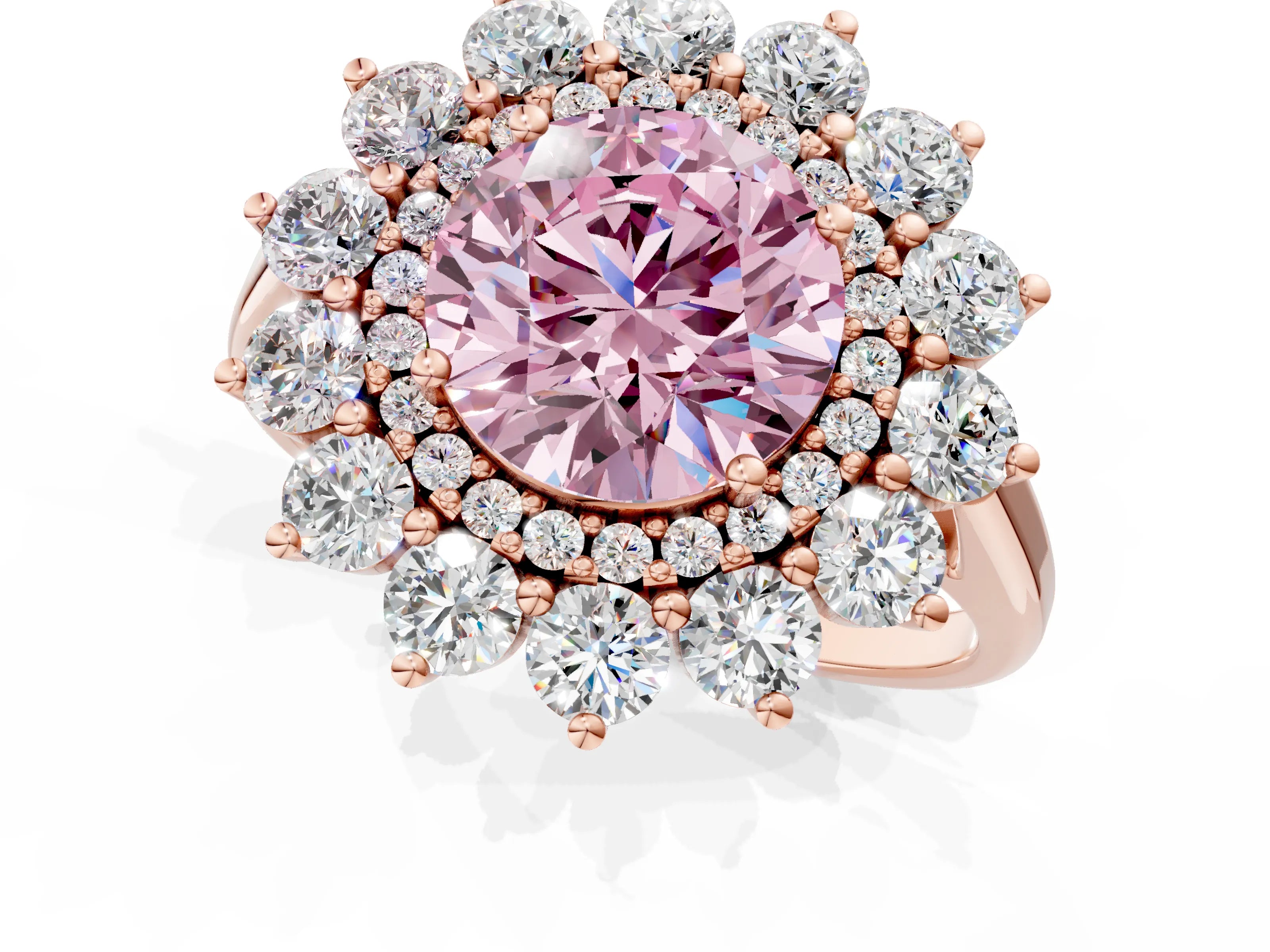 Rose gold Fancy Pink Round Cut Halo Cluster Diamond Ring with Pave Band and Four-Prong Setting_1