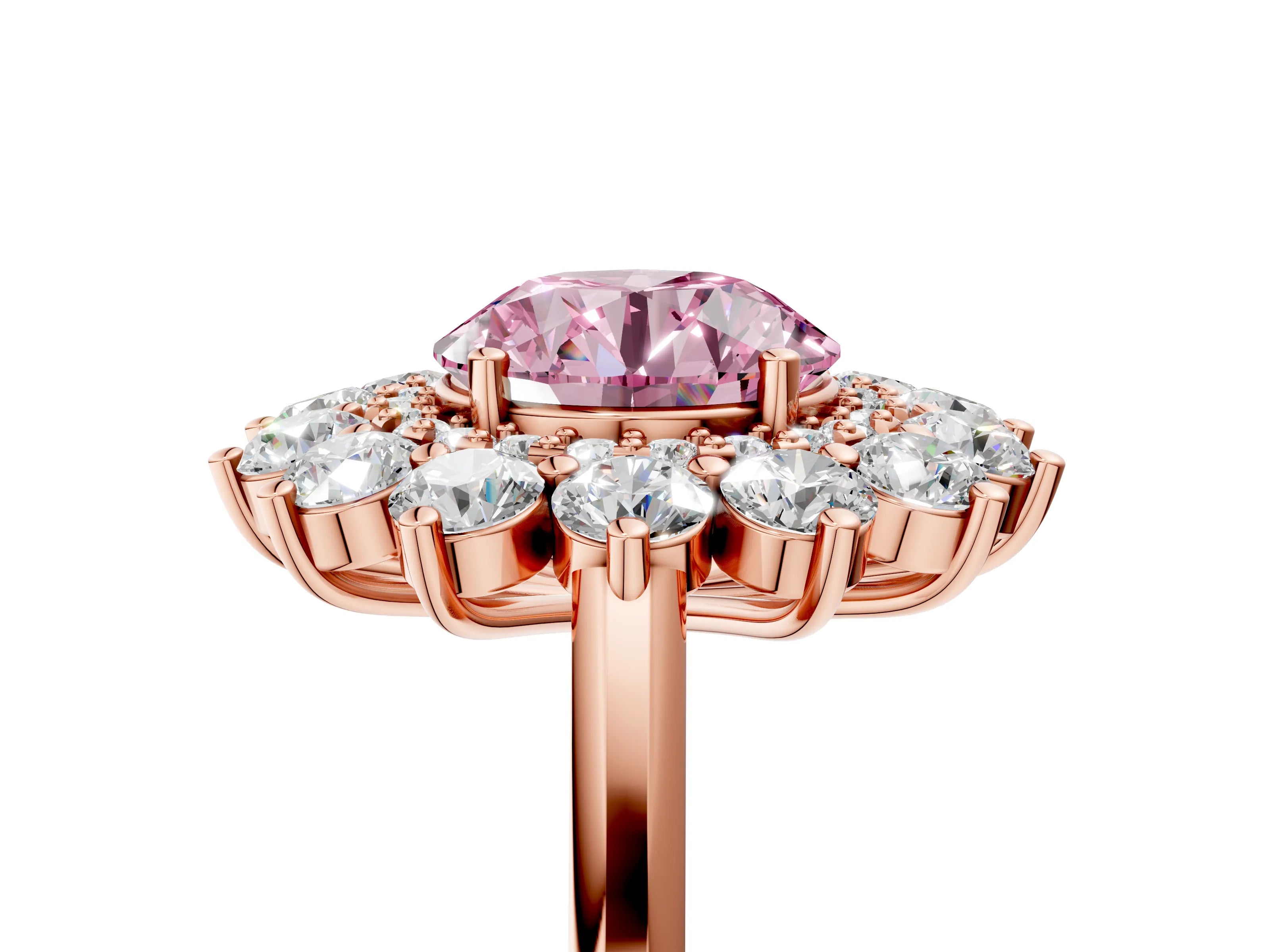 Rose gold Fancy Pink Round Cut Halo Cluster Diamond Ring with Pave Band and Four-Prong Setting_17