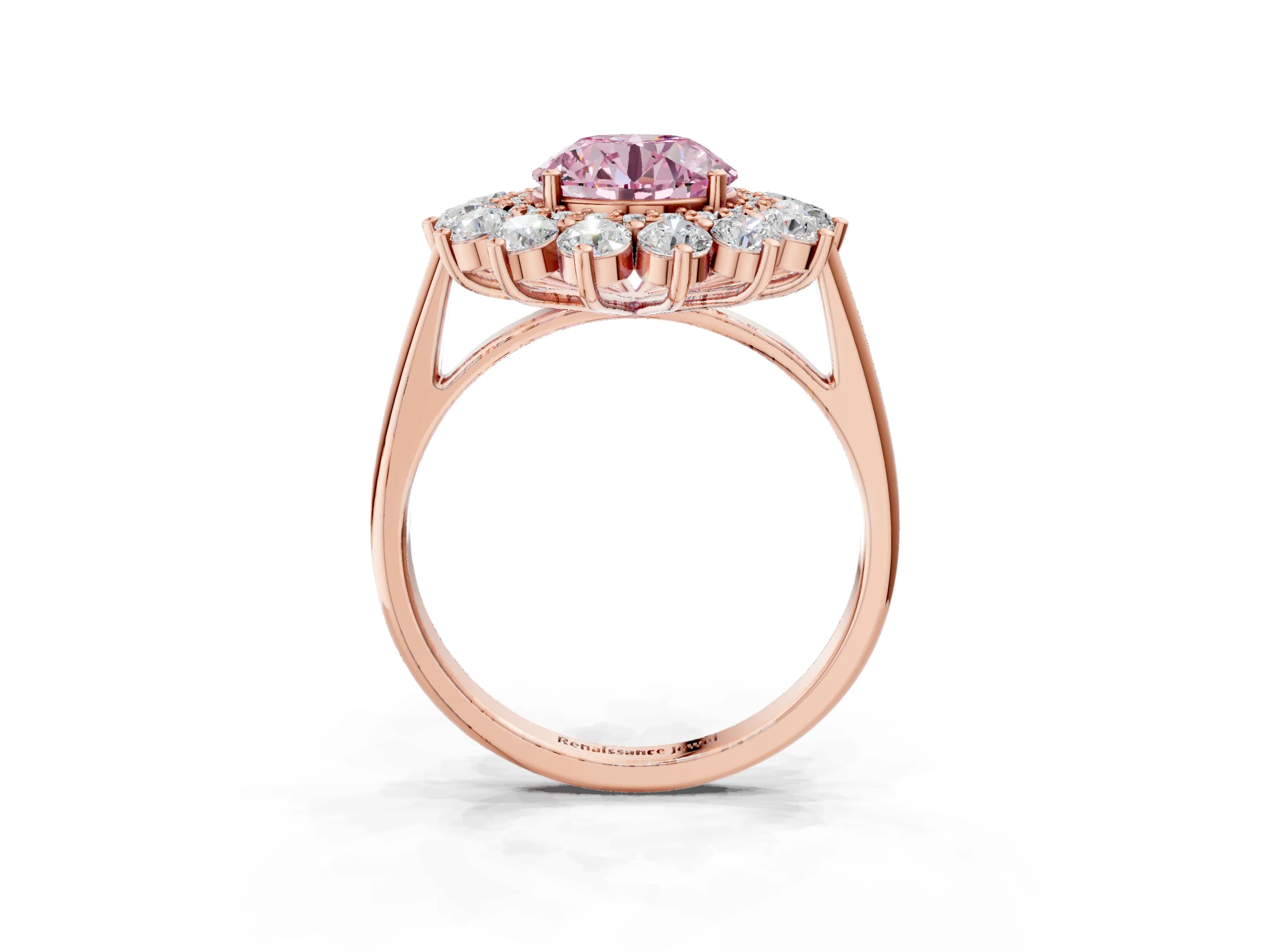 Rose gold Fancy Pink Round Cut Halo Cluster Diamond Ring with Pave Band and Four-Prong Setting_3