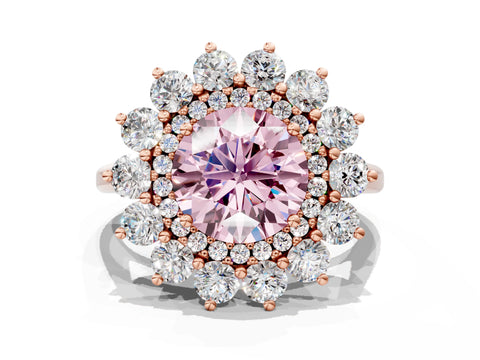 Rose gold Fancy Pink Round Cut Halo Cluster Diamond Ring with Pave Band and Four-Prong Setting