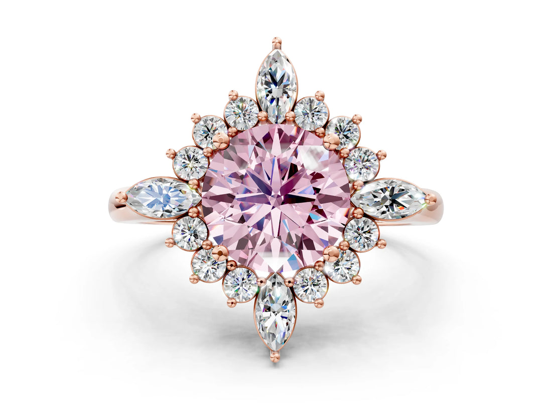 Rose gold Fancy Pink Round Cut Halo Diamond Cluster Ring with Marquise and Round Stones on a White Gold Band with Prong Setting