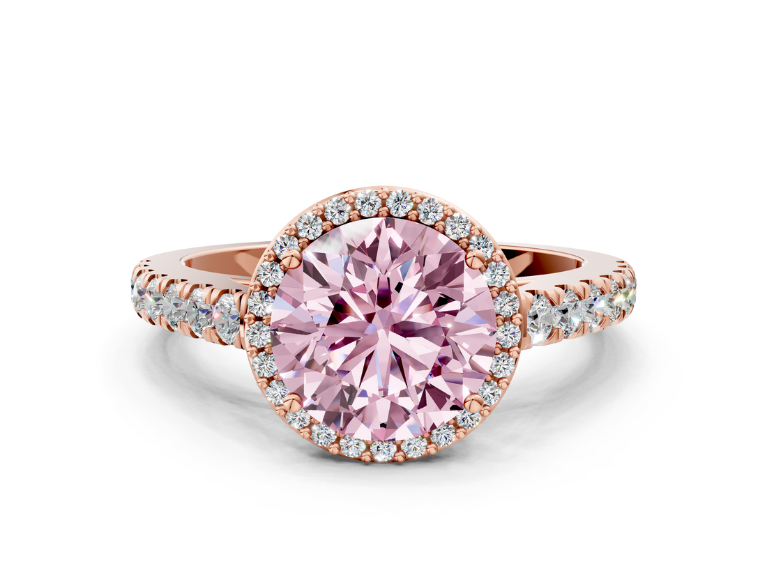 Rose gold Fancy Pink Round  Cut Halo Diamond Engagement Ring with Pave Band and Four-Prong Setting