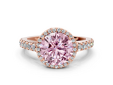 Rose gold Fancy Pink Round  Cut Halo Diamond Engagement Ring with Pave Band and Four-Prong Setting