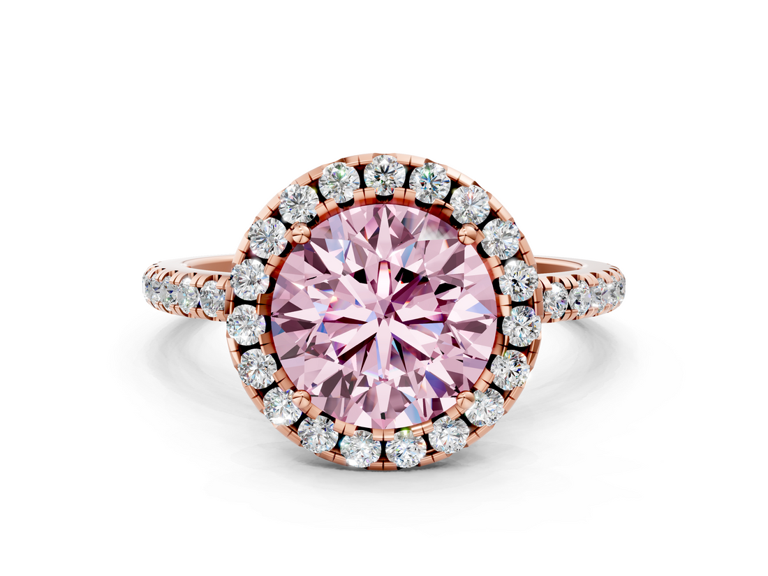 Rose gold Fancy Pink Round  Cut Halo Diamond Engagement Ring with Pave Band and Four-Prong Setting