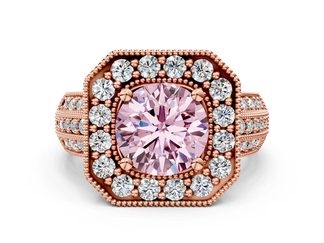 Rose gold Fancy Pink Round Cut Halo Diamond Engagement Ring with Pave Split Shank and Four-Prong Setting_12