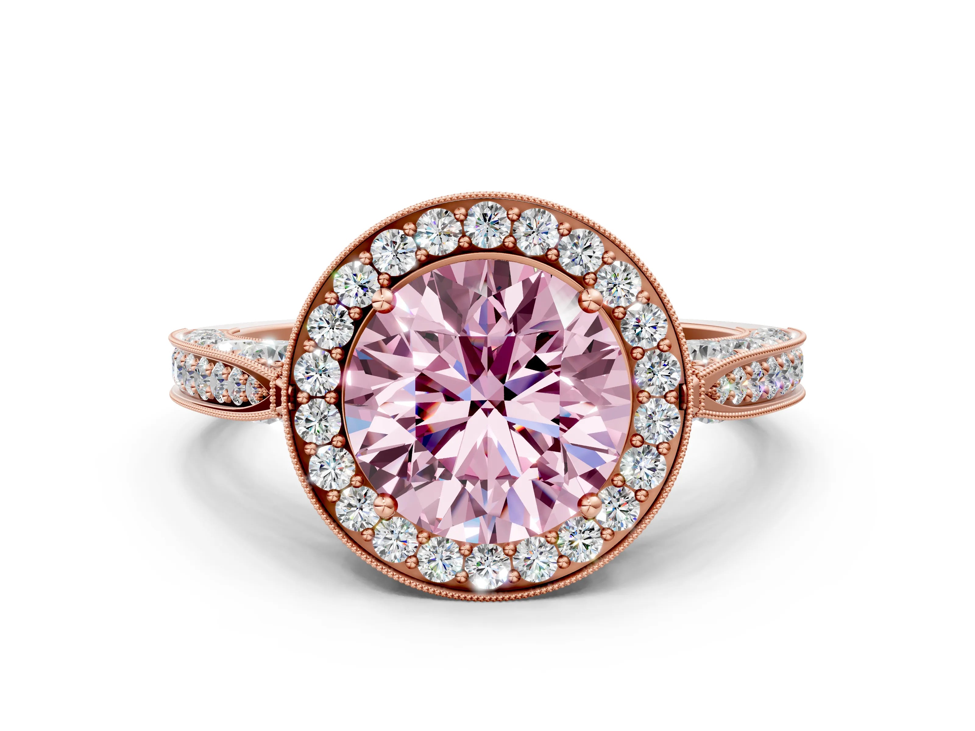 Rose gold Fancy Pink Round Cut Halo Diamond Engagement Ring with Split Shank Band and Four-Prong Setting
