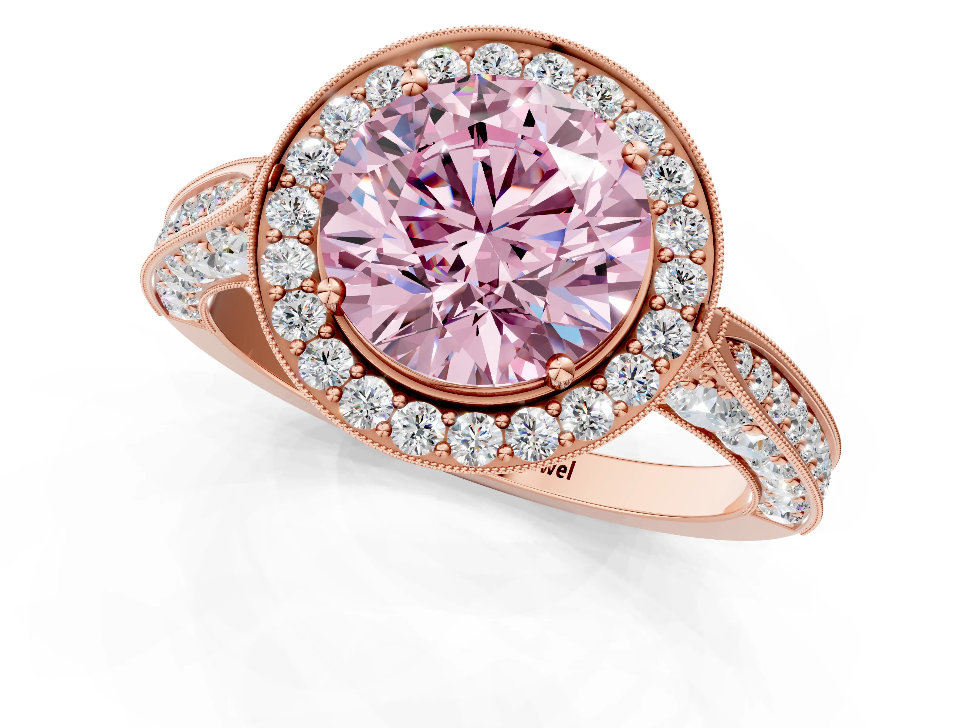 Rose gold Fancy Pink Round Cut Halo Diamond Engagement Ring with Split Shank Band and Four-Prong Setting_1
