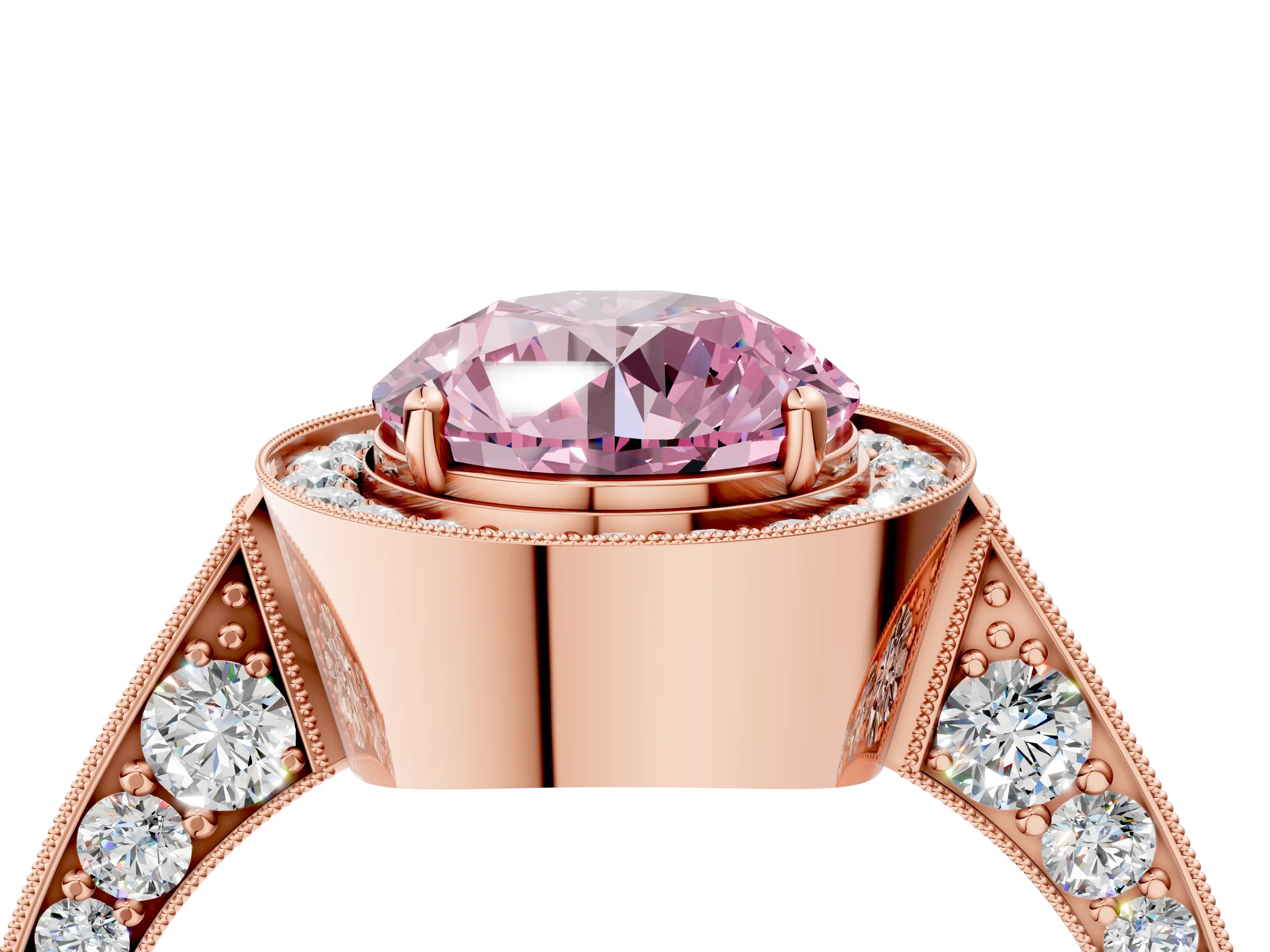 Rose gold Fancy Pink Round Cut Halo Diamond Engagement Ring with Split Shank Band and Four-Prong Setting_4
