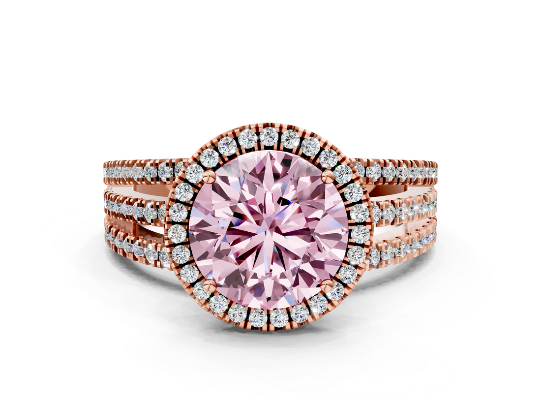 Rose gold Fancy Pink Round  Cut Halo Diamond Engagement Ring with Split Shank and Four-Prong Setting