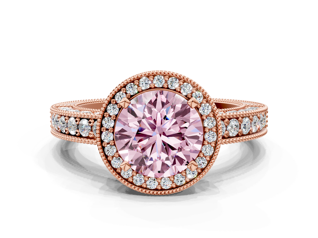 Rose gold Fancy Pink Round  Cut Halo Diamond Pave Band Ring with Four-Prong Setting