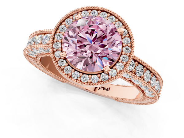 Rose gold Fancy Pink Round  Cut Halo Diamond Pave Band Ring with Four-Prong Setting