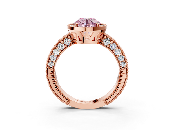 Rose gold Fancy Pink Round  Cut Halo Diamond Pave Band Ring with Four-Prong Setting