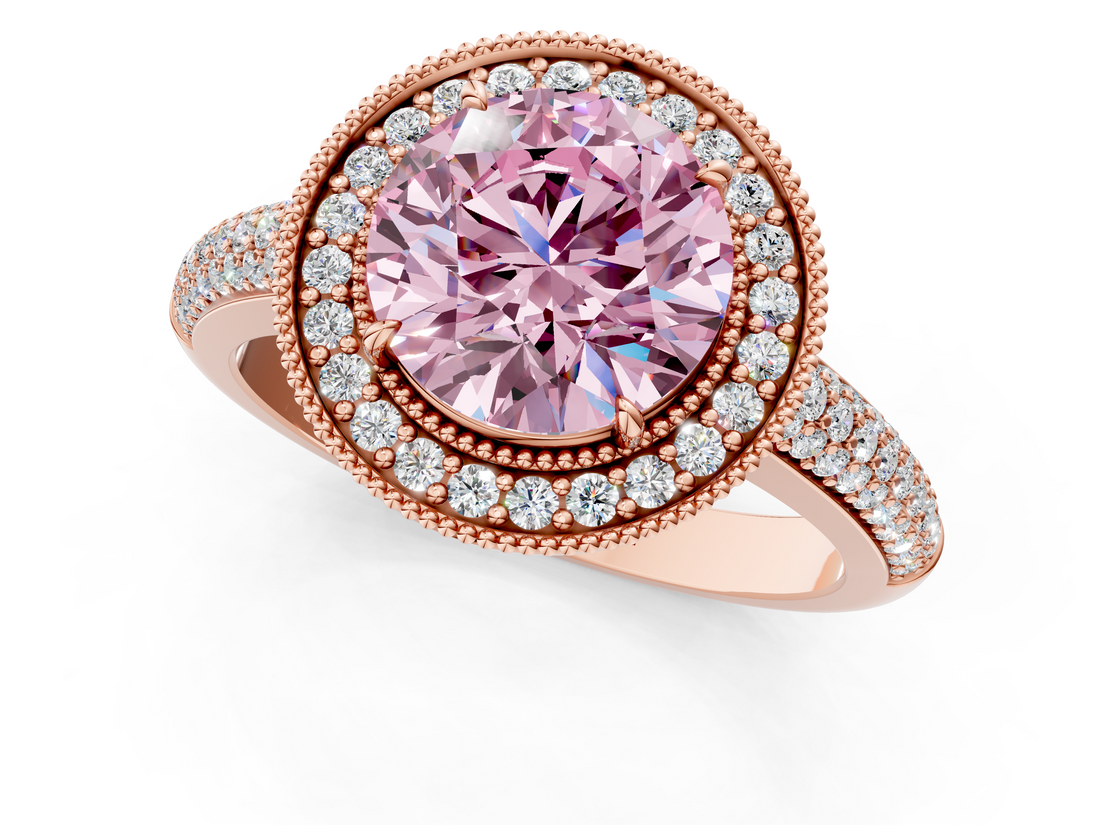Rose gold Fancy Pink Round  Cut Halo Diamond Pave Band with Four-Prong Setting