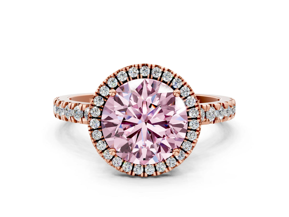 Rose gold Fancy Pink Round Cut Halo Diamond Pave Band with Prong Setting