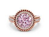 Rose gold Fancy Pink Round Cut Halo Diamond Ring with Beaded Split Shank and Four-Prong Setting