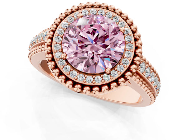 Rose Gold Round Beaded Halo Engagement Ring Setting for Fancy Pink Center with Pave