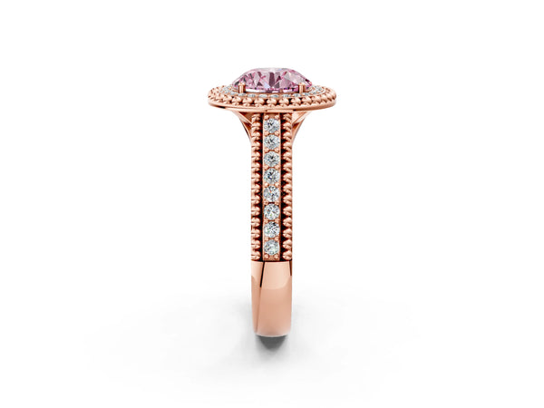 Rose Gold Round Beaded Halo Engagement Ring Setting for Fancy Pink Center with Pave