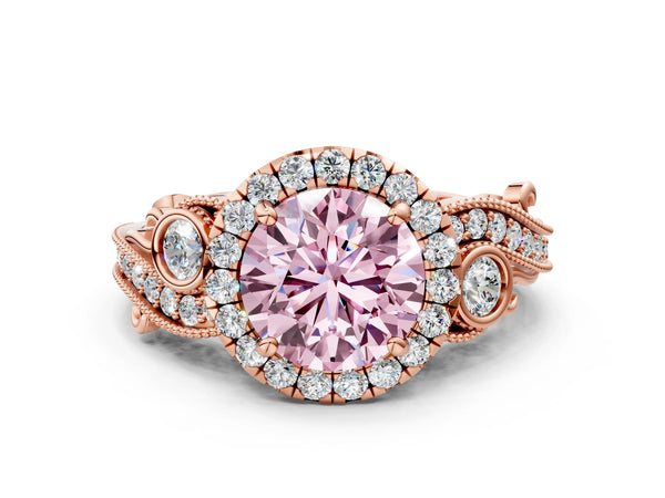 Rose gold Fancy Pink Round Cut Halo Diamond Ring with Milgrain and Bezel Accents on a Split Shank Band