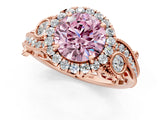 Rose gold Fancy Pink Round Cut Halo Diamond Ring with Milgrain and Bezel Accents on a Split Shank Band_13