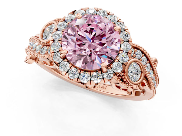 Rose gold Fancy Pink Round Cut Halo Diamond Ring with Milgrain and Bezel Accents on a Split Shank Band