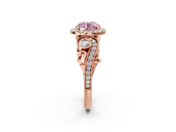 Rose gold Fancy Pink Round Cut Halo Diamond Ring with Milgrain and Bezel Accents on a Split Shank Band