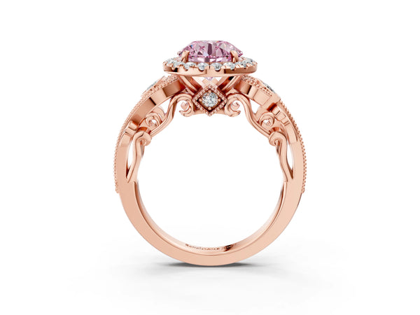 Rose gold Fancy Pink Round Cut Halo Diamond Ring with Milgrain and Bezel Accents on a Split Shank Band