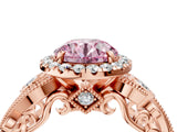 Rose gold Fancy Pink Round Cut Halo Diamond Ring with Milgrain and Bezel Accents on a Split Shank Band_16