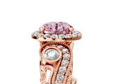 Rose gold Fancy Pink Round Cut Halo Diamond Ring with Milgrain and Bezel Accents on a Split Shank Band_17
