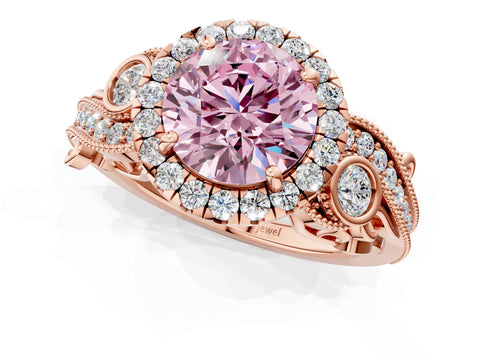 Rose gold Fancy Pink Round Cut Halo Diamond Ring with Milgrain and Bezel Accents on a Split Shank Band_1