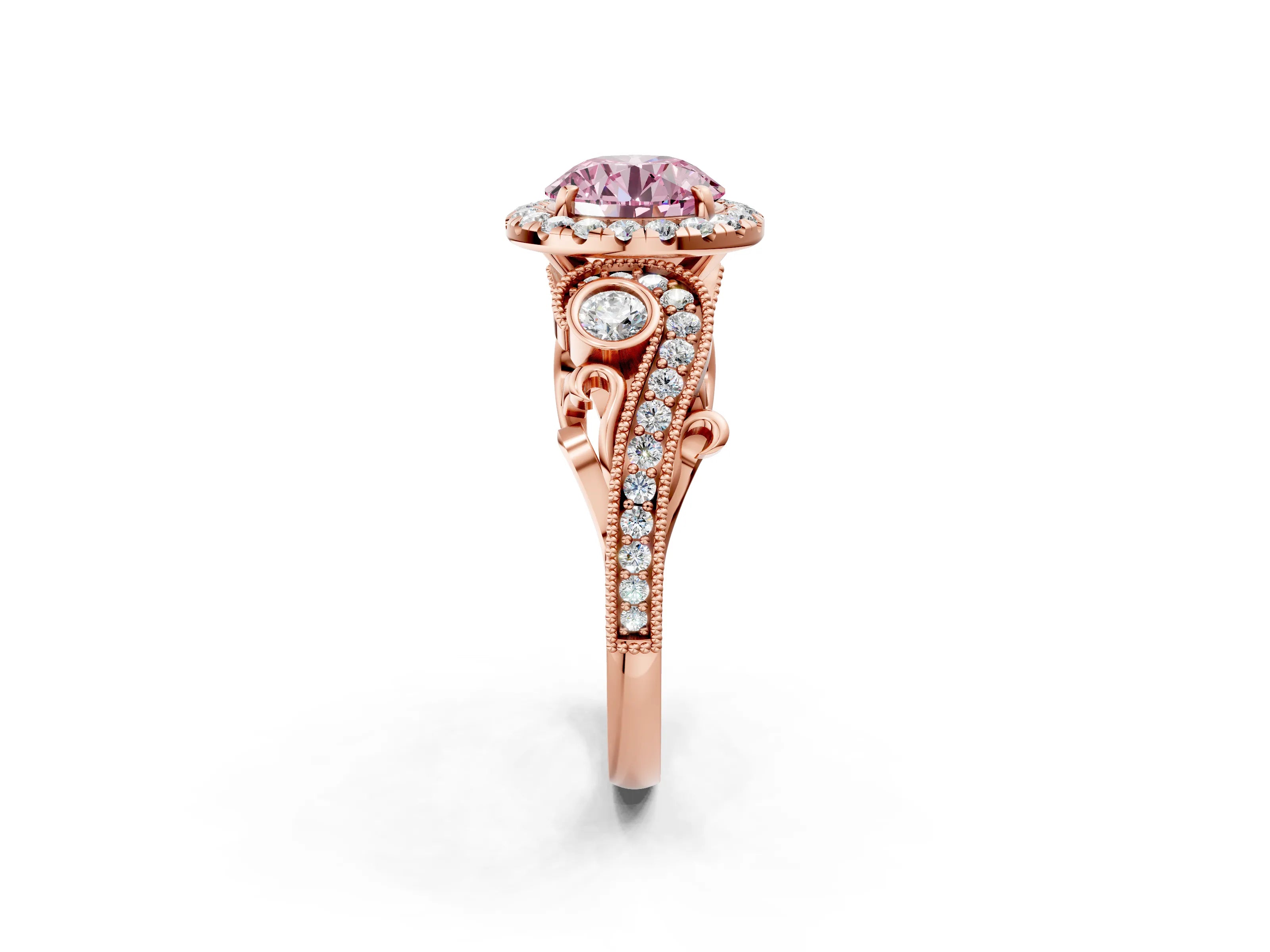 Rose gold Fancy Pink Round Cut Halo Diamond Ring with Milgrain and Bezel Accents on a Split Shank Band_2