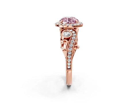 Rose gold Fancy Pink Round Cut Halo Diamond Ring with Milgrain and Bezel Accents on a Split Shank Band_2
