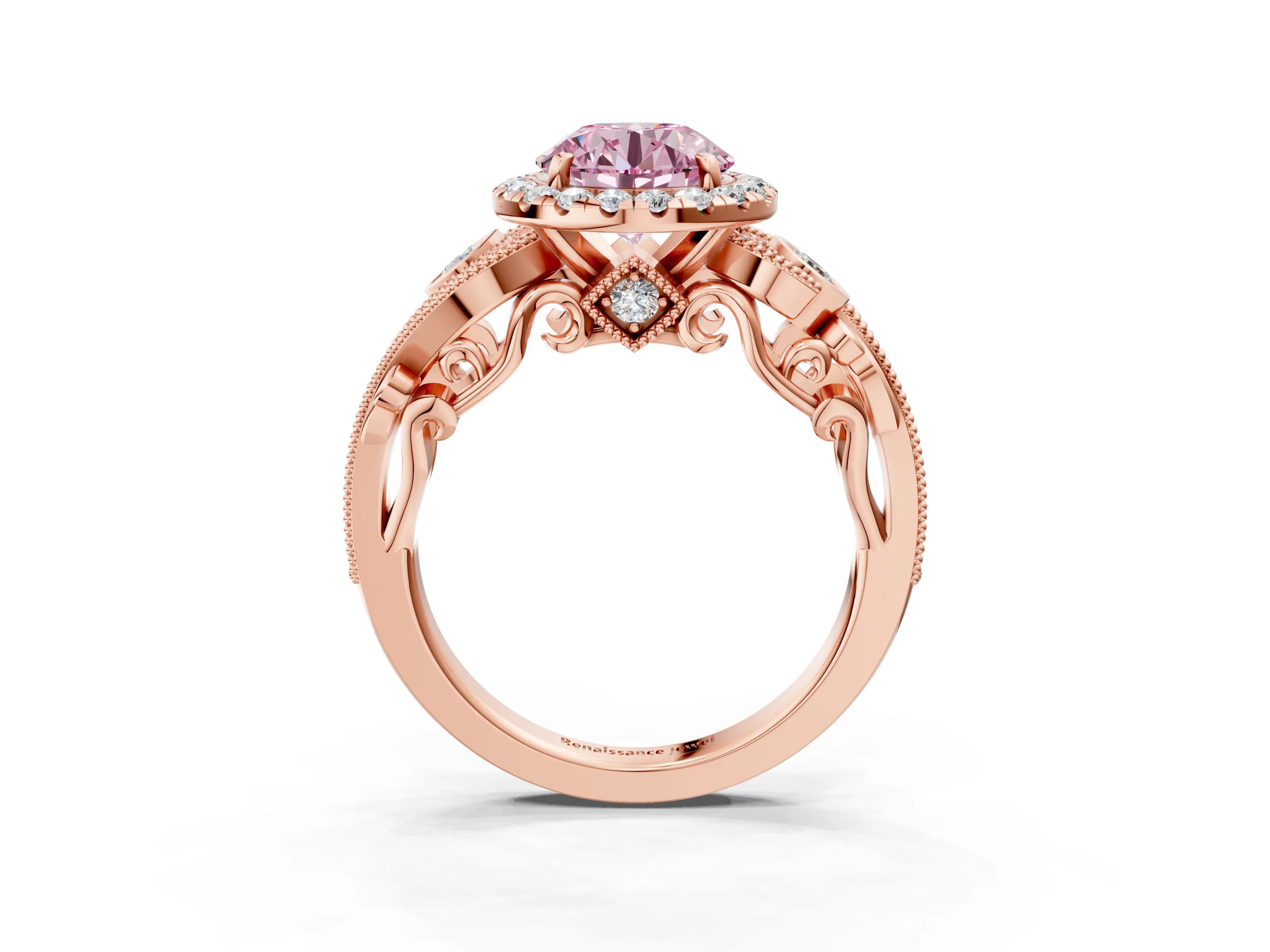 Rose gold Fancy Pink Round Cut Halo Diamond Ring with Milgrain and Bezel Accents on a Split Shank Band_3