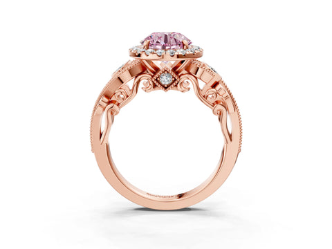 Rose gold Fancy Pink Round Cut Halo Diamond Ring with Milgrain and Bezel Accents on a Split Shank Band_3