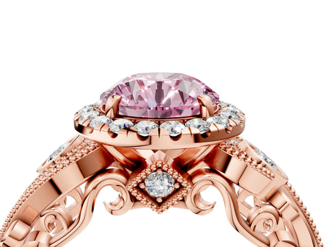 Rose gold Fancy Pink Round Cut Halo Diamond Ring with Milgrain and Bezel Accents on a Split Shank Band_4