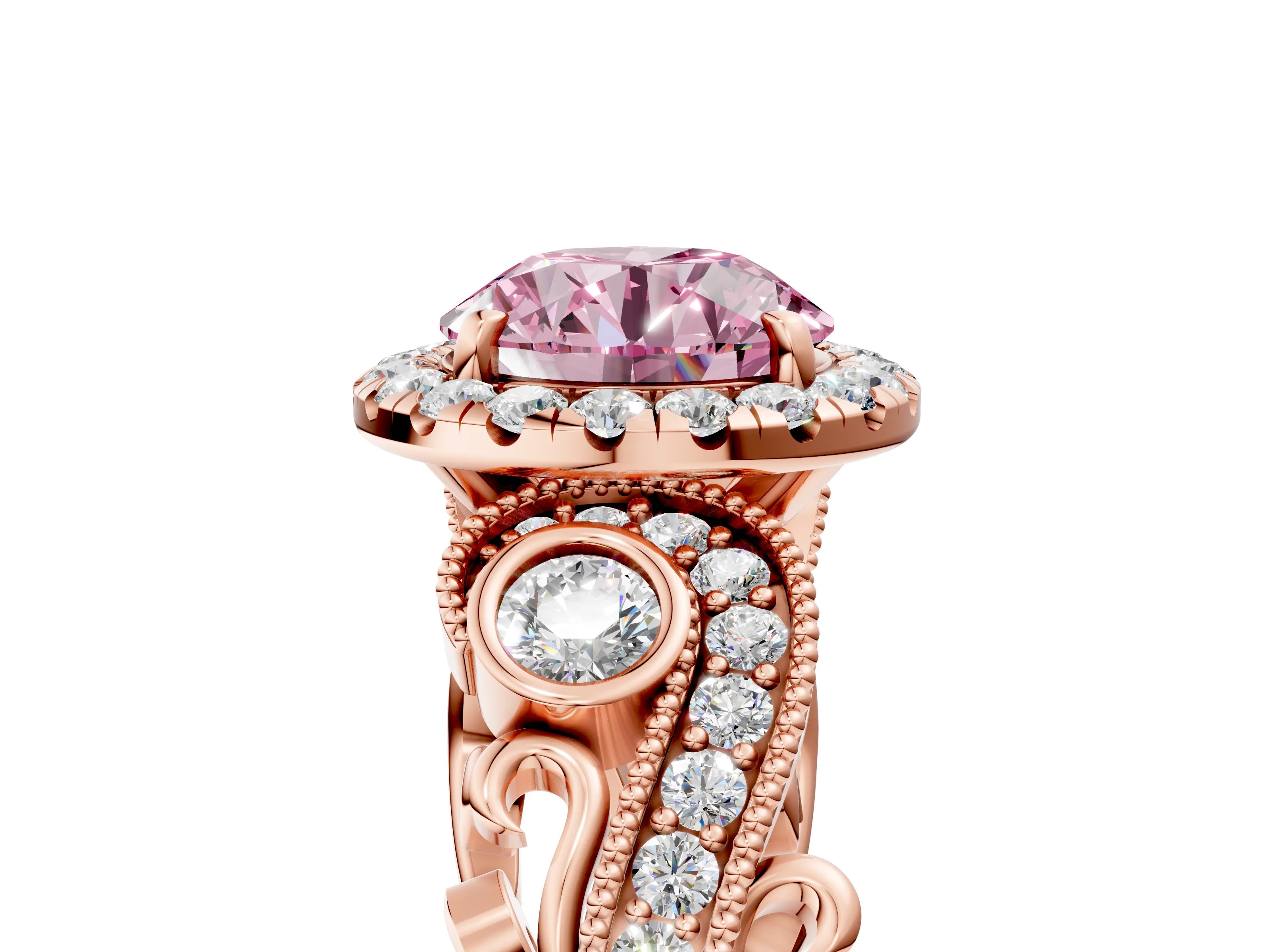 Rose gold Fancy Pink Round Cut Halo Diamond Ring with Milgrain and Bezel Accents on a Split Shank Band_5