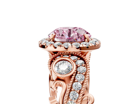 Rose gold Fancy Pink Round Cut Halo Diamond Ring with Milgrain and Bezel Accents on a Split Shank Band_5