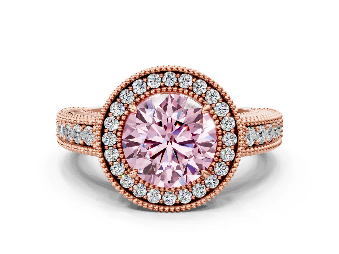 Rose gold Fancy Pink Round  Cut Halo Diamond Ring with Pavé Band and Four-Prong Setting_29
