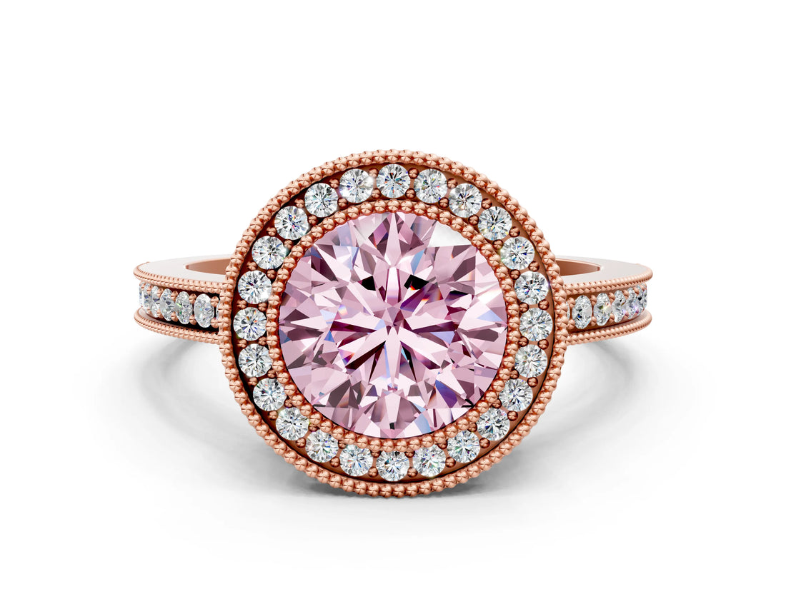 Rose gold Fancy Pink Round  Cut Halo Diamond Ring with Pavé Band and Milgrain Prong Setting_32