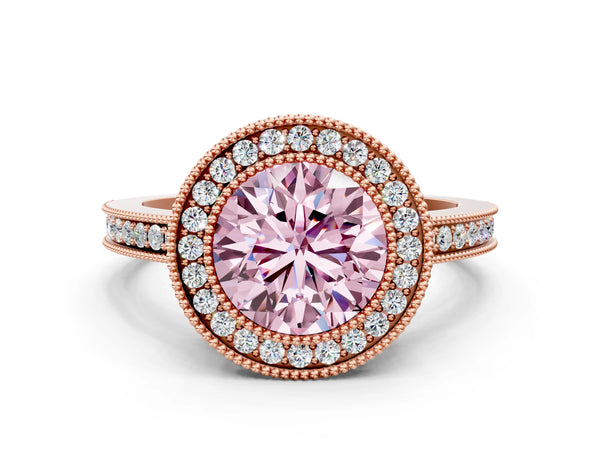 Rose gold Fancy Pink Round  Cut Halo Diamond Ring with Pavé Band and Milgrain Prong Setting
