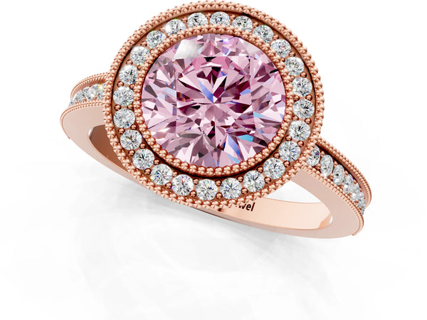Rose gold Fancy Pink Round  Cut Halo Diamond Ring with Pavé Band and Milgrain Prong Setting