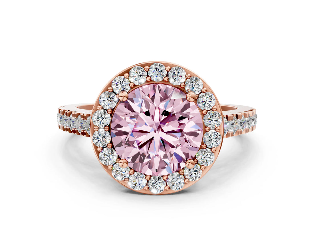 Rose gold Fancy Pink Round Cut Halo Diamond Ring with Pavé Band and Three-Prong Setting