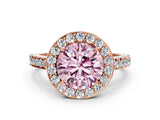 Rose gold Fancy Pink Round Cut Halo Diamond Ring with Pavé Band and Three-Prong Setting