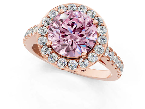 Rose gold Fancy Pink Round Cut Halo Diamond Ring with Pavé Band and Three-Prong Setting_1