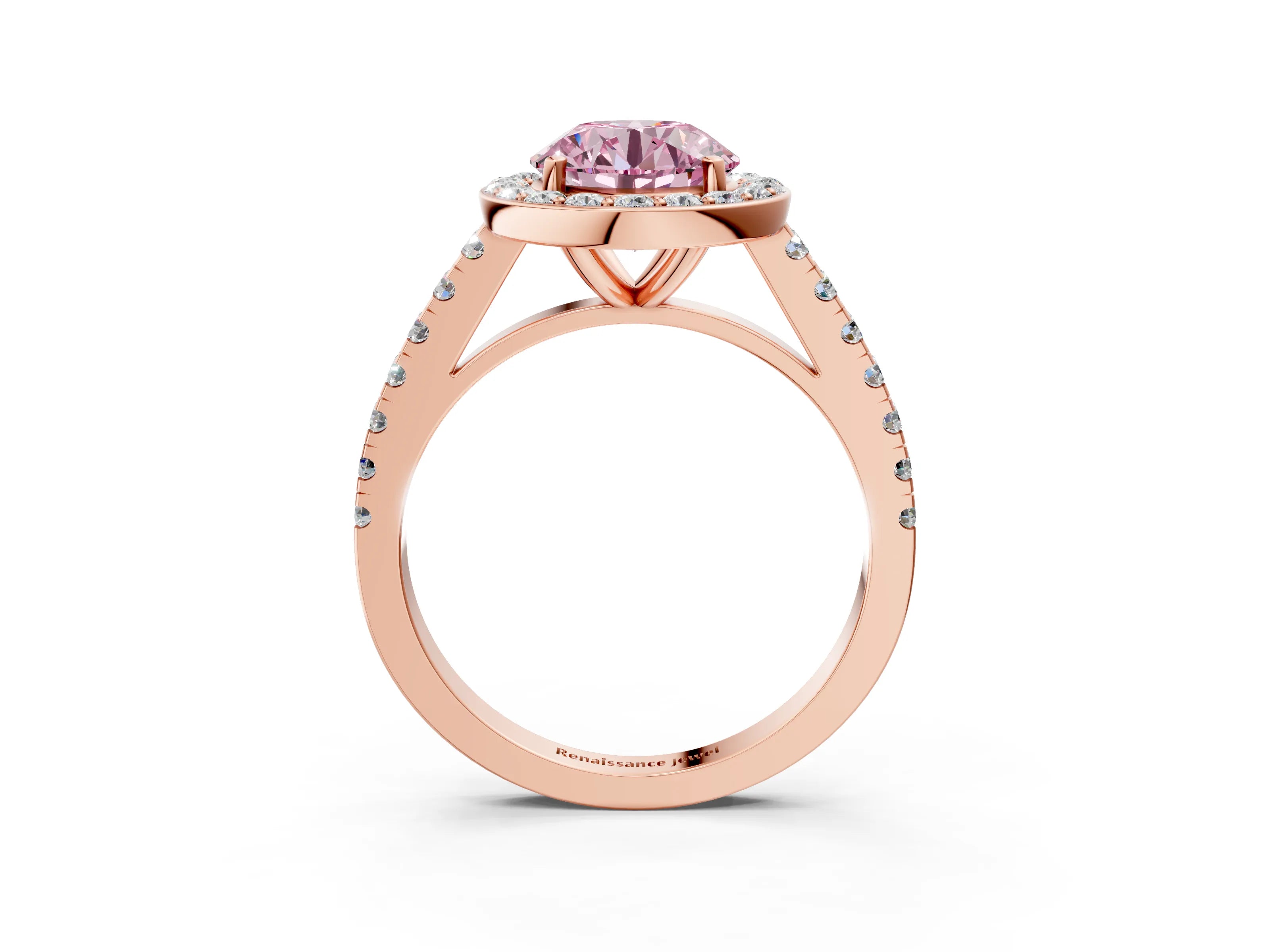 Rose gold Fancy Pink Round Cut Halo Diamond Ring with Pavé Band and Three-Prong Setting_3